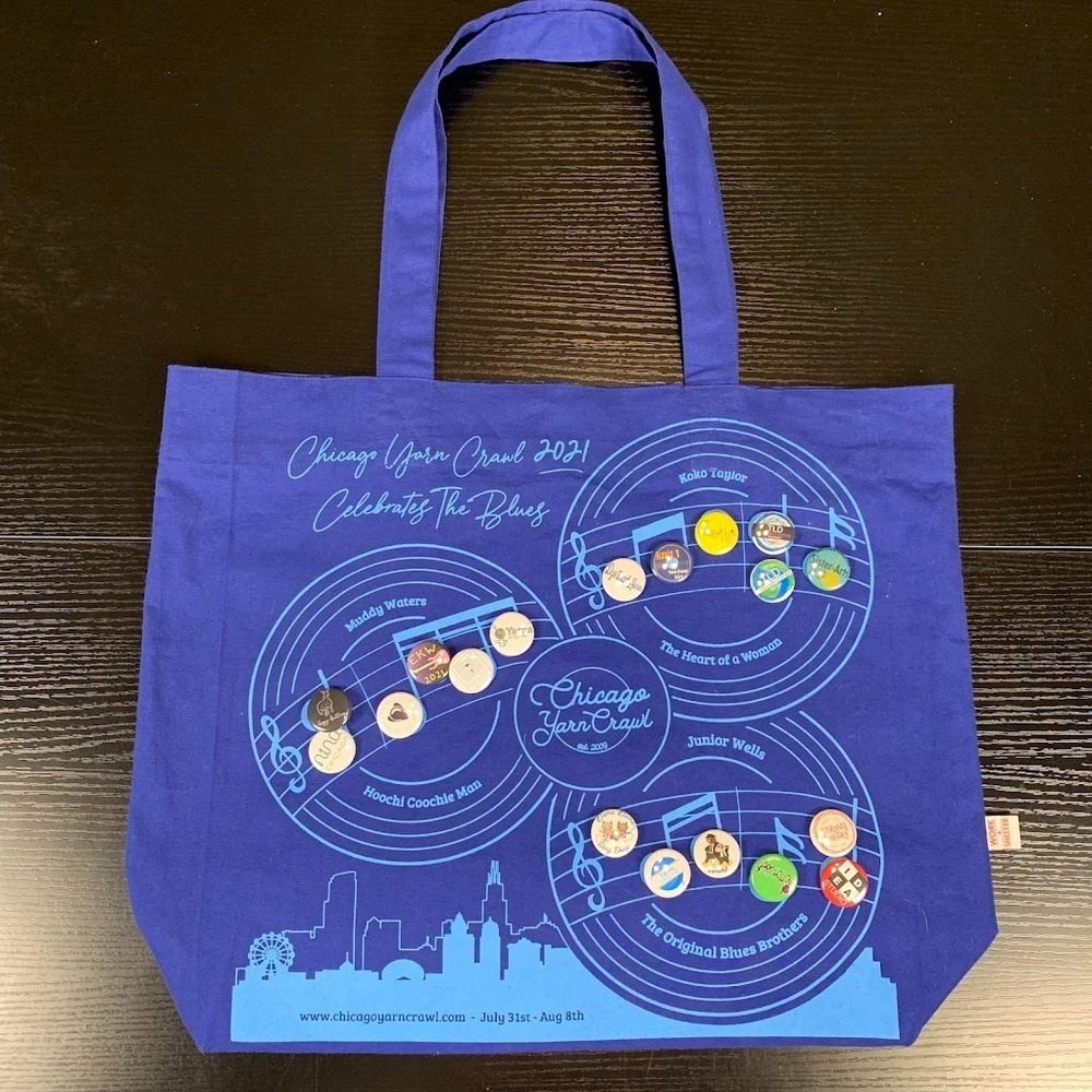 Chicago Yarn Crawl 2021 Project Tote Bag with Shop Pins Knit Crochet